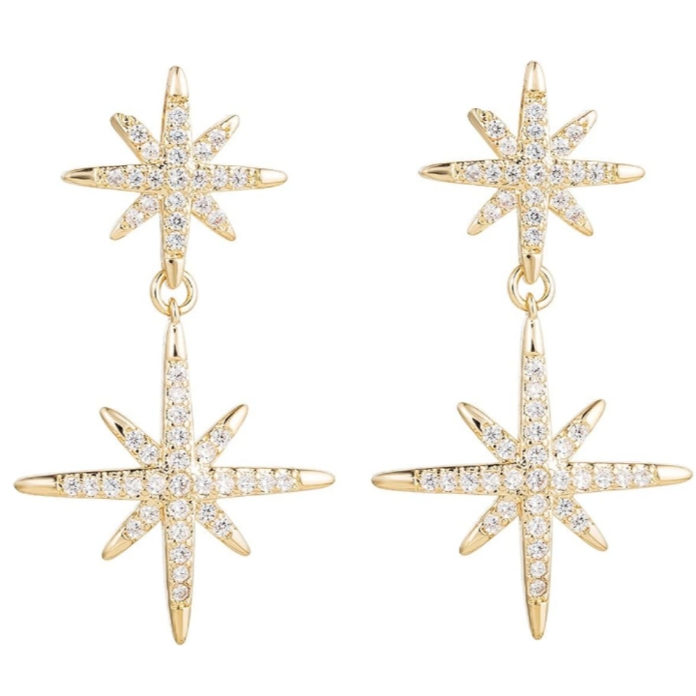 Silver Starburst Earrings Double Star Rhinestone Pave Crystal Dangle Stars Post - Picture 4 of 4